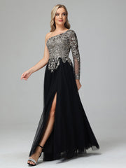 Gorgeous One-Shoulder Floor Length Short Sleeves Prom Dresses With Split