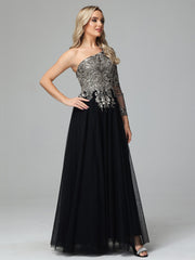 Gorgeous One-Shoulder Floor Length Short Sleeves Prom Dresses With Split