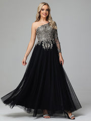 Gorgeous One-Shoulder Floor Length Short Sleeves Prom Dresses With Split