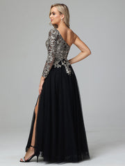 Gorgeous One-Shoulder Floor Length Short Sleeves Prom Dresses With Split