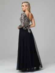 Gorgeous One-Shoulder Floor Length Short Sleeves Prom Dresses With Split