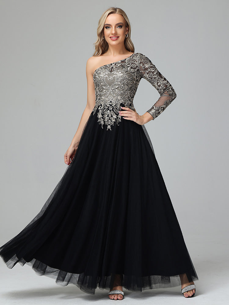Gorgeous One-Shoulder Floor Length Short Sleeves Prom Dresses With Split
