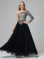 Gorgeous One-Shoulder Floor Length Short Sleeves Prom Dresses With Split