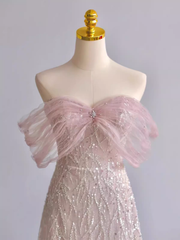 Pretty A line Off The Shoulder Pink Sequin Long Evening Party Dress Prom Dresses With Beads PD0042