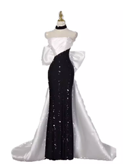 Vintage Mermaid Strapless Sequin Black Long Prom Dress Formal Dresses PD0047