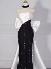 Vintage Mermaid Strapless Sequin Black Long Prom Dress Formal Dresses PD0047
