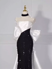 Vintage Mermaid Strapless Sequin Black Long Prom Dress Formal Dresses PD0047