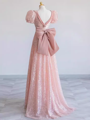 Pretty A line Sweetheart Short Sleeves Long Evening Party Dress Pink Prom Dresses PD0053
