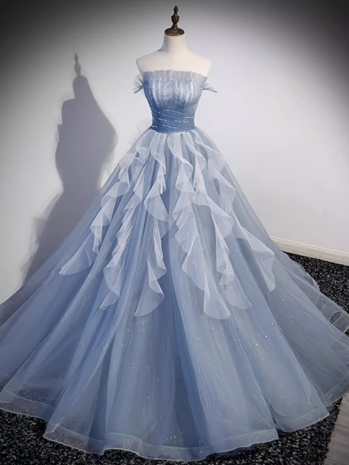 Vintage Ball Gown Strapless Satin Dusty Blue Tulle Long Prom Dress Formal Dresses PD0054