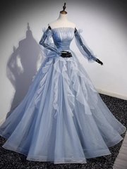 Vintage Ball Gown Strapless Satin Dusty Blue Tulle Long Prom Dress Formal Dresses PD0054