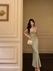 Sexy Sheath Spaghetti Straps Green Prom Dresses Birthday Outfits Evening Gown SD1000