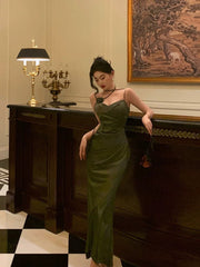 Vintage Sheath Spaghetti Straps Green Satin Long Prom Dresses Evening Gowns SD1005
