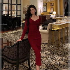 Classy Sheath V Neckline Long Sleeves Red Prom Dresses Birthday Outfits Evening Gown SD1009