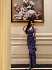 Sexy Sheath V Neckline Floral Blue Prom Dresses Birthday Outfits Evening Gown SD1028