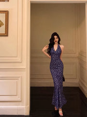 Sexy Sheath V Neckline Floral Blue Prom Dresses Birthday Outfits Evening Gown SD1028