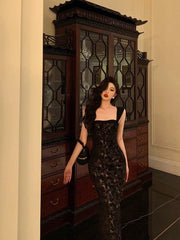 Gorgeous Mermaid Spaghetti Straps Date Night Dress Black Lace Prom Dresses Birthday Outfits SD1086