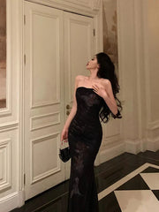 Vintage Black Strapless Floral Applique Design Elegant Sheath Evening Dress Prom Dress HZ1024