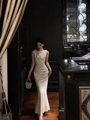 Gorgeous Mermaid Jewel Neckline White Satin Floral Date Night Dress Long Prom Dresses Birthday Outfits SD1113