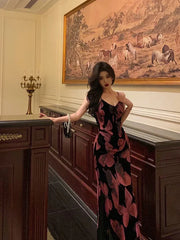 Vintage Spaghetti Strap V-neck Floral Butterfly Design Elegant Sheath Chiffon Evening Dress Prom Dress HZ1024