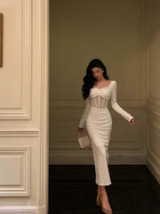 Classy Sheath Long Sleeves White Prom Dresses Birthday Outfits Evening Gown SD1116