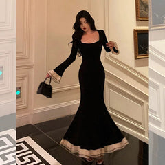 Pretty Mermaid Square Neckline Black Prom Dresses Birthday Outfits Evening Gowns SD1132