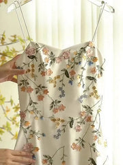 Vintage Beige Spaghetti Strap Floral Applique Design Elegant A-Line Evening Dress Prom Dress HZ1024