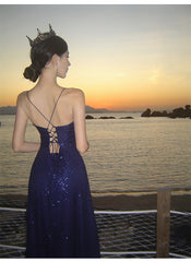 Sexy Sheath Spaghetti Straps Blue Sequin Beach Dress Women's Vacation Dresses Prom Dress SD1152