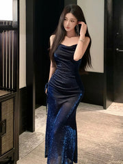 Sexy Sheath Spaghetti Straps Navy Blue Sequin Birthday Dresses Prom Dress SD1153