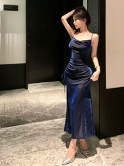 Sexy Sheath Spaghetti Straps Navy Blue Sequin Birthday Dresses Prom Dress SD1153