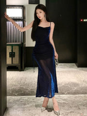 Sexy Sheath Spaghetti Straps Navy Blue Sequin Birthday Dresses Prom Dress SD1153
