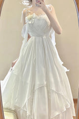 Vintage A line Spaghetti Straps White Floral Long Birthday Dresses Prom Dress Chiffon Birthday Outfits SD1208