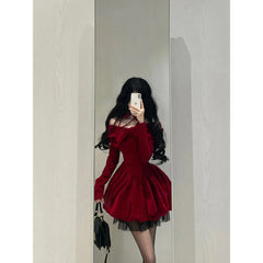 Chic Ball Gown Long Sleeves Red Velvet Party Dress Birthday Dresses Birthday Outfits SD1227