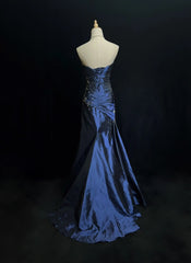 Sexy Sweetheart Sleeveless Mermaid Satin Long Navy Blue Prom Dresses SD1291