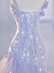 Vintage Mermaid One Shoulder Lilac Tulle Satin Long Prom Dresses Party Dress SD1366