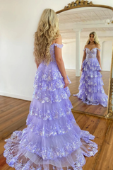 Pretty A-Line Off The Shoulder Pink Lace Slit Long Prom Dresses Formal Evening Dress SD1398