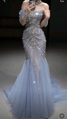 Pretty Mermaid Off The Shoulder Blue Tulle Silver Beads Long Prom Dresses Formal Evening Dress SD1498