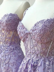 Elegant Mermaid Sleeveless Lace Lilac Evening Prom Dresses Long Prom Dresses SD1420