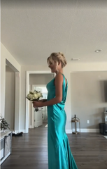 Classy A line V Neckline Blue Satin Sleeveless Long Prom Dresses SD1444