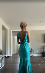 Classy A line V Neckline Blue Satin Sleeveless Long Prom Dresses SD1444