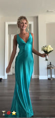 Classy A line V Neckline Blue Satin Sleeveless Long Prom Dresses SD1444