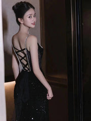 Sexy Mermaid Spaghetti Straps Sequin Black Long Prom Dresses SD1526