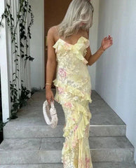 Vintage Floral Spaghetti Strap Ruffles Mermaid Chiffon Long Prom Dress Evening Dress HZ1024
