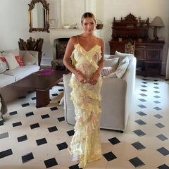 Sexy Mermaid Spaghetti Straps Floor Length Floral Yellow Chiffon Evening Dress Prom Dresses SD1662