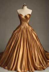 Retro Ball Gown Sweetheart Satin Gold Party Dress Prom Dresses Evening Dress SD1769