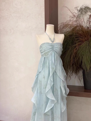 Cute A line Halter Ruffled Floral Blue Women's Long Vacation Dresses SD180