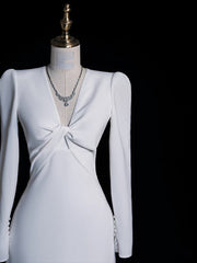 Sexy Mermaid V Neckline Long Sleeves White Satin Wedding Dresses Brides Dress SD1870
