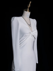 Sexy Mermaid V Neckline Long Sleeves White Satin Wedding Dresses Brides Dress SD1870