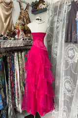 Vintage Fashion Mermaid Strapless Hot Pink Floor Length Evening Dress Prom Dresses SD1887