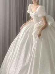 Unique Ball Gown Square Neckline Short Sleeves Sequin White Wedding Dresses Brides Dress SD1945