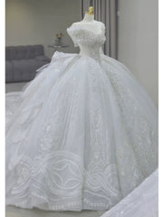 Pretty Ball Gown Off The Shoulder Short Sleeves Sequin White Wedding Dresses Brides Dress SD1954